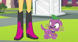 Size: 2996x1608 | Tagged: safe, artist:nano23823, spike, spike the regular dog, sunset shimmer, dog, equestria girls, g4, boots, boots shot, canterlot high, high heel boots, legs, pictures of feet, pictures of legs, shoes