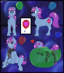 Size: 5185x5887 | Tagged: safe, artist:tai kai, oc, oc:mobian, balloon, balloon riding, blue coat, blue eyes, blurry background, clothes, cutie mark, floating heart, heart, purple mane, reference sheet, scarf, socks