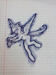 Size: 810x1080 | Tagged: safe, artist:kiwwsplash, derpy hooves, anthro, unguligrade anthro, g4, female, flying, food, graph paper, lineart, muffin, nudity, solo, traditional art