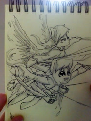 Size: 480x640 | Tagged: safe, artist:kiwwsplash, oc, oc only, pegasus, pony, :d, duo, flying, gun, irl, lineart, notepad, pegasus oc, photo, smiling, sword, traditional art, weapon, wings