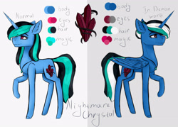 Size: 2560x1829 | Tagged: safe, artist:chrystal_company, oc, oc only, oc:nightmare chrystal, alicorn, pony, alicorn oc, crystal, duo, ear fluff, horn, jewelry, necklace, raised hoof, reference sheet, wings