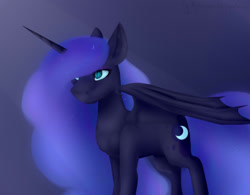 Size: 1920x1500 | Tagged: safe, artist:chrystal_company, nightmare moon, alicorn, bat pony, bat pony alicorn, pony, g4, bat wings, ethereal mane, female, gradient background, horn, mare, solo, starry mane, wings
