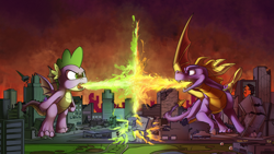 Size: 4813x2708 | Tagged: safe, artist:tsitra360, spike, twilight sparkle, alicorn, dragon, kaiju, pony, g4, activision, beam struggle, city, commission, crossover, destruction, fight, fire, fire breath, giant dragon, green fire, macro, rampage, size difference, sparx the dragonfly, spyro the dragon, spyro the dragon (series), twilight sparkle (alicorn), winged spike, wings