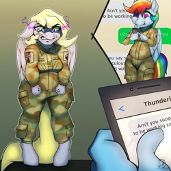 Size: 1280x1280 | Tagged: safe, artist:sintacle, derpy hooves, rainbow dash, pegasus, anthro, unguligrade anthro, g4, american flag, angry, angry hooves, army, cellphone, clothes, commission, digital art, duo, duo female, female, gritted teeth, implied thunderlane, major (rank), misspelling, mocking, phone, smartphone, sombra eyes, text, texting, this will end in death, this will end in pain, this will end in tears, this will end in tears and/or death, wings