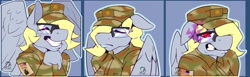 Size: 1280x395 | Tagged: safe, artist:sintacle, derpy hooves, pegasus, anthro, g4, american flag, angry, army, clothes, commission, digital art, expressions, eyes closed, face doodle, female, glasses, gritted teeth, smiling, sombra eyes, tail, wings