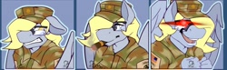 Size: 1280x393 | Tagged: safe, alternate version, artist:sintacle, derpy hooves, pegasus, anthro, g4, american flag, army, cigar, clothes, commission, digital art, expressions, eyes closed, face doodle, female, glasses, gritted teeth, nani, open mouth, red eyes take warning, relaxing, shy, smiling, smoking, tail, wings