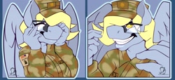 Size: 1280x584 | Tagged: safe, alternate version, artist:sintacle, derpy hooves, pegasus, anthro, g4, american flag, army, clothes, commission, cute, digital art, expressions, eyes closed, face doodle, female, glasses, gritted teeth, smiling, tail, wings