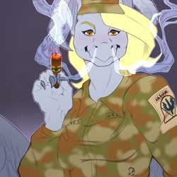 Size: 1280x1280 | Tagged: safe, artist:sintacle, derpy hooves, pegasus, anthro, g4, army, blushing, cigar, clothes, commission, digital art, female, hat, hoers, holding, looking at you, smoke, smoking, solo, wings