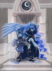 Size: 1280x1746 | Tagged: safe, artist:oneiricnebula, princess luna, oc, oc:specter ace, bat pony, anthro, plantigrade anthro, g4, amazonian, assault rifle, bat pony oc, bat wings, beret, boots, braided ponytail, braided tail, clothes, coat, corset, fn scar, freckles, gloves, gun, hat, height difference, military uniform, night guard, purple eyes, rain, rifle, scar-h, shoes, tall, trenchcoat, trigger discipline, uniform, weapon, wings