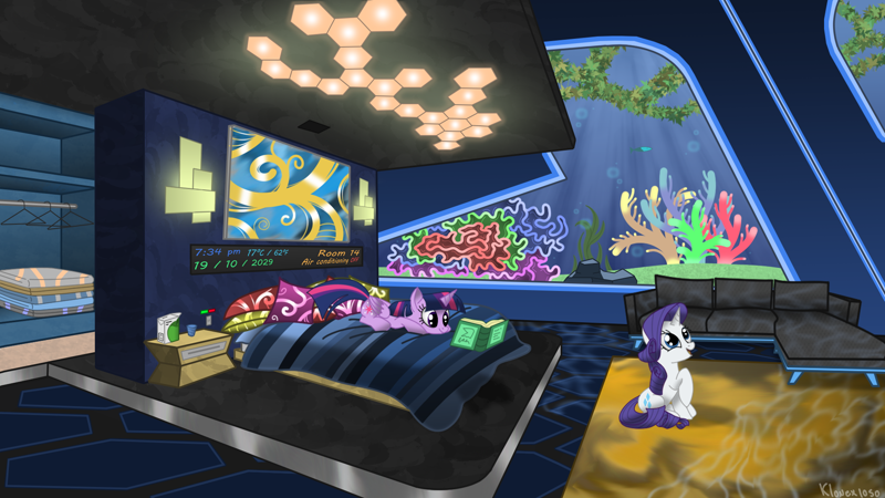 2400714 - safe, artist:klonex1050art, rarity, twilight sparkle, alicorn,  pony, unicorn, bed, book, coral reef, couch, evening, hotel room, prone,  reading, twilight sparkle (alicorn), underwater - Derpibooru