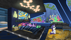 Size: 1920x1080 | Tagged: safe, artist:klonex1050art, rarity, twilight sparkle, alicorn, pony, unicorn, g4, bed, book, coral reef, couch, evening, hotel room, prone, reading, twilight sparkle (alicorn), underwater
