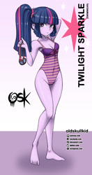 Size: 984x1860 | Tagged: safe, artist:oldskullkid, part of a set, twilight sparkle, equestria girls, g4, arm behind head, armpits, barefoot, belly button, breasts, cleavage, clothes, feet, female, goggles, legs, looking at you, one-piece swimsuit, ponytail, ribbon, sleeveless, solo, swimming goggles, swimsuit, thighs
