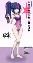 Size: 984x1860 | Tagged: safe, alternate version, artist:oldskullkid, part of a set, twilight sparkle, human, g4, arm behind head, armpits, barefoot, belly button, breasts, cleavage, clothes, feet, female, goggles, humanized, legs, looking at you, one-piece swimsuit, ponytail, ribbon, sleeveless, solo, swimsuit