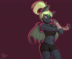 Size: 3824x3102 | Tagged: safe, artist:omegapex, oc, oc:ace moonlight, bat pony, anthro, abs, bandage, clothes, fangs, female, gray fur, green mane, gym shorts, gym uniform, high res, muscles, muscular female, one eye closed, red eyes, shorts, slit pupils, sports bra, tail, tank top, tight shorts, watermark, wings