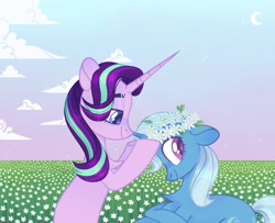 Size: 2048x1661 | Tagged: safe, artist:n in a, starlight glimmer, trixie, pony, unicorn, g4, eyebrows, female, floral head wreath, flower, lesbian, ship:startrix, shipping, smiling