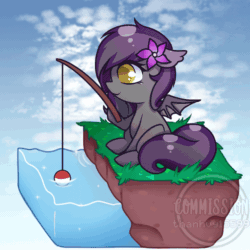 Size: 780x780 | Tagged: safe, artist:helithusvy, bat pony, pegasus, pony, unicorn, animated, chibi, clothes, commission, cute, female, fishing, fishing rod, flower, flower in hair, gif, low frequency flashing, socks, solo, striped socks, water, ych result