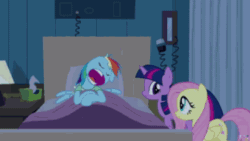 Size: 480x270 | Tagged: safe, screencap, fluttershy, rainbow dash, twilight sparkle, pegasus, pony, unicorn, g4, read it and weep, animated, bed, eyes closed, female, floppy ears, hospital bed, one eye open, pretending, sleeping, snoring