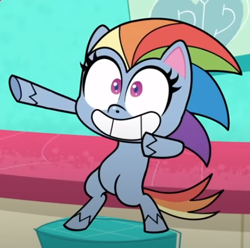 Size: 479x475 | Tagged: safe, screencap, rainbow dash, pony, g4.5, my little pony: pony life, potion mystery, bipedal, cropped, female, male, pose, smiling, solo, sonic dash, sonic the hedgehog, sonic the hedgehog (series), sonic-style rainbow dash