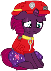Size: 766x1071 | Tagged: safe, artist:徐詩珮, fizzlepop berrytwist, tempest shadow, pony, unicorn, series:sprglitemplight diary, series:sprglitemplight life jacket days, series:springshadowdrops diary, series:springshadowdrops life jacket days, g4, alternate universe, base used, broken horn, clothes, cute, cutie mark, cutie mark on clothes, dress, eye scar, eyelashes, female, helmet, horn, mare, marshall (paw patrol), paw patrol, paw prints, sad, scar, simple background, sitting, solo, transparent background