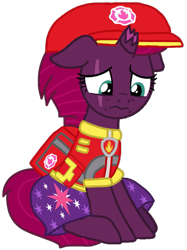 Size: 789x1056 | Tagged: safe, alternate version, artist:徐詩珮, fizzlepop berrytwist, tempest shadow, pony, unicorn, series:sprglitemplight diary, series:sprglitemplight life jacket days, series:springshadowdrops diary, series:springshadowdrops life jacket days, g4, aid marshall (paw patrol), alternate universe, base used, broken horn, clothes, cute, cutie mark, cutie mark on clothes, dress, eye scar, eyelashes, hat, horn, marshall (paw patrol), paw patrol, sad, scar, simple background, sitting, solo, transparent background