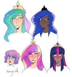 Size: 1280x1370 | Tagged: safe, artist:amyszek, princess cadance, princess celestia, princess flurry heart, princess luna, twilight sparkle, human, g4, alternate hairstyle, big crown thingy, blushing, crown, dark skin, element of magic, eyeshadow, female, humanized, jewelry, light skin, makeup, moderate dark skin, mother and child, mother and daughter, open mouth, regalia, royal sisters, simple background, white background