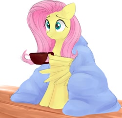 Size: 1388x1345 | Tagged: safe, artist:some_ponu, fluttershy, pegasus, pony, g4, blanket, female, mare, mug, simple background, solo, white background, wing hands, wing hold, wings