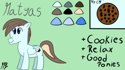 Size: 1920x1080 | Tagged: safe, artist:matyas451, oc, oc only, oc:sweet cookie, pegasus, pony, color palette, cookie, cutie mark, digital art, food, male, pegasus oc, reference sheet, wings