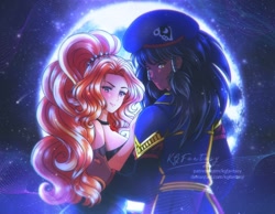 Size: 900x700 | Tagged: safe, artist:kgfantasy, adagio dazzle, oc, oc:midnight radiance (sixpathspony), human, equestria girls, g4, adagiance, bedroom eyes, blushing, duo, female, looking at you, looking back, looking back at you, looking over shoulder