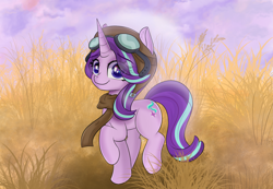 Size: 5787x3996 | Tagged: safe, artist:janelearts, starlight glimmer, pony, unicorn, g4, absurd resolution, aviator goggles, aviator hat, clothes, cute, female, glimmerbetes, goggles, grass, grass field, hat, looking at you, pilot helmet, raised hoof, scarf, smiling, smiling at you, solo, transparent mane