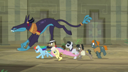 Size: 1920x1080 | Tagged: safe, screencap, ahuizotl, biff, doctor caballeron, fluttershy, rainbow dash, rogue (g4), withers, earth pony, pegasus, pony, daring doubt, g4, female, galloping, henchmen, male, mare, stallion