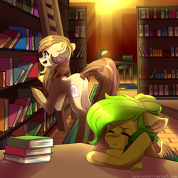 Size: 2000x2000 | Tagged: safe, artist:xvaleox, oc, oc only, earth pony, pegasus, pony, book, bookshelf, duo, eyes closed, glasses, high res, horns, library, table, tired