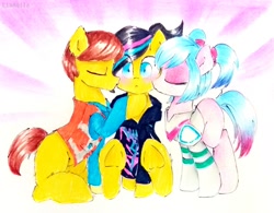 Size: 2978x2322 | Tagged: safe, artist:liaaqila, earth pony, pony, armor, bisexual, bisexual female, blank flank, cheek kiss, clothes, commission, crossover, cute, emmet brickowski, eyes closed, eyeshadow, female, high res, hoodie, kiss sandwich, kissing, lego, lesbian, lesbian in front of boys, makeup, male, non-mlp shipping, pen, ponified, raised hoof, shipping, shirt, sitting, spacesuit, straight, surprised, sweet mayhem, the lego movie, the lego movie 2: the second part, traditional art, underhoof, vest, wyldstyle
