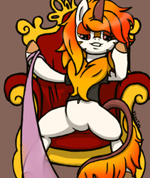 Size: 800x950 | Tagged: safe, artist:vadytwy, oc, oc only, oc:kiriwky, kirin, pony, belly button, clothes, domination, horn, kirin oc, leash, lip bite, looking at you, throne