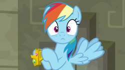 Size: 1920x1080 | Tagged: safe, screencap, rainbow dash, pony, daring doubt, g4, cute, dashabetes, female, hoof hold, looking at camera, looking at you, solo, truth talisman