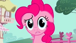 Size: 1280x720 | Tagged: safe, screencap, pinkie pie, earth pony, pony, a friend in deed, g4, confused, female, floppy ears, looking at you, solo