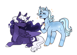 Size: 1280x911 | Tagged: safe, artist:jaysey, princess luna, trixie, alicorn, pony, unicorn, g4, alternate universe, curved horn, eyes closed, female, horn, mare, open mouth, simple background, smiling, transparent background, wing fluff, wings