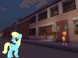Size: 2048x1536 | Tagged: safe, artist:greendwarf333, artist:topsangtheman, sassaflash, sunset shimmer, pegasus, pony, equestria girls, g4, house, looking at you, minecraft
