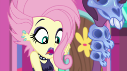 Size: 1920x1080 | Tagged: safe, screencap, fluttershy, equestria girls, g4, my little pony equestria girls: better together, the road less scheduled, the road less scheduled: fluttershy, eyeshadow, female, flutterpunk, lipstick, makeup, piercing, sleeveless, solo, staff