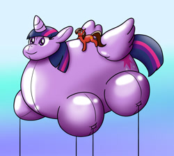 Size: 1450x1300 | Tagged: safe, artist:thiridian, twilight sparkle, oc, oc:pop star, alicorn, balloon pony, earth pony, inflatable pony, pony, g4, air inflation, balloon riding, commission, floating, gradient background, helium inflation, inflatable, inflatable alicorn pony, inflation, parade balloon, riding, ropes, smiling, twiblimp sparkle, twilight sparkle (alicorn)