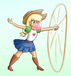 Size: 1200x1275 | Tagged: safe, artist:thiridian, applejack, equestria girls, g4, apple, arms, belt, blowing, boots, breasts, bubble, bubblegum, bust, clothes, collar, commission, cowboy hat, denim skirt, female, food, freckles, gum, hand, hat, lasso, legs, long hair, open mouth, ponytail, rope, shirt, shoes, skirt, smiling, solo, spread arms, standing, teenager