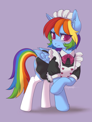 Size: 2903x3836 | Tagged: safe, artist:taytinabelle, part of a set, rainbow dash, pegasus, pony, alternate hairstyle, apron, blushing, bowtie, button-up shirt, clothes, colored pupils, cute, dashabetes, dock, dress, ear fluff, embarrassed, eye clipping through hair, female, high res, looking away, maid, maid headdress, mare, outfit, rainbow dash always dresses in style, rainbow maid, raised hoof, ruffles, simple background, skirt, socks, solo, stockings, thigh highs, tsunderainbow, tsundere, unshorn fetlocks