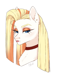 Size: 2158x2806 | Tagged: safe, artist:e-boi, oc, oc only, oc:coffee cake, earth pony, pony, bust, choker, ear piercing, earth pony oc, female, frown, high res, lipstick, makeup, mare, offspring, parent:donut joe, parent:pinkie pie, parents:pinkiejoe, piercing, simple background, solo, transparent background