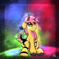 Size: 1024x1024 | Tagged: safe, artist:kiwwsplash, oc, oc only, hybrid, pony, abstract background, cloven hooves, horns, looking up, signature, sitting, smiling, solo, unshorn fetlocks