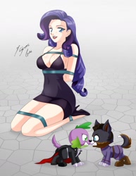 Size: 1280x1658 | Tagged: safe, alternate version, artist:shinta-girl, rarity, spike, dog, human, equestria girls, g4, absolute cleavage, arm behind back, bondage, breasts, busty rarity, cleavage, gritted teeth, human coloration, kneeling, spike the dog