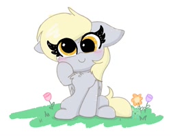 Size: 2135x1700 | Tagged: safe, artist:kittyrosie, derpy hooves, pegasus, pony, g4, blushing, chest fluff, cute, derpabetes, female, floppy ears, flower, looking at you, mare, simple background, sitting, solo, starry eyes, white background, wingding eyes