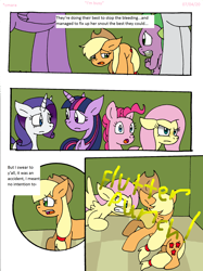 Size: 1622x2168 | Tagged: safe, artist:cmara, applejack, fluttershy, pinkie pie, rarity, spike, twilight sparkle, alicorn, dragon, earth pony, pegasus, pony, unicorn, comic:i'm busy, g4, abuse, angry, applejack's hat, comic, cowboy hat, crying, female, flutterbitch, fluttershy is not amused, hat, hospital, implied rainbow dash, jackabuse, makeup, male, mare, mascara, open mouth, out of character, ponyville hospital, punch, rage, raised hoof, running makeup, sad, shocked, twilight sparkle (alicorn), unamused, violence, winged spike, wings