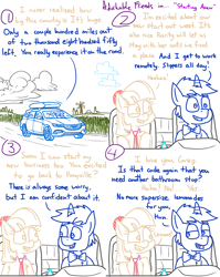 Size: 4779x6013 | Tagged: safe, artist:adorkabletwilightandfriends, coco pommel, rarity, oc, oc:greg, pony, unicorn, comic:adorkable twilight and friends, g4, adorkable friends, automobile, bathroom, bowtie, buick, buick regal tour x, car, character development, cloud, comic, covering crotch, equestria, happy, humor, juice, lemonade, love, moving, need to pee, potty time, road, road trip, romantic, scenery, station wagon, wagon