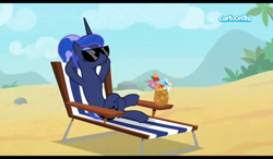 Size: 1024x600 | Tagged: safe, screencap, princess luna, alicorn, pony, between dark and dawn, g4, season 9, beach, beach chair, belly, cartoonito logo, chair, concave belly, drink, female, hooves behind head, mare, relaxing, rock, slender, smoothie, solo, sunglasses, thin, youtube link