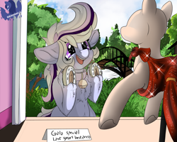 Size: 3907x3125 | Tagged: safe, artist:brainiac, derpibooru exclusive, oc, oc only, oc:whiskey lullaby, cat, cat pony, earth pony, original species, pony, bell, bell collar, clothes, collar, dress, female, frog (hoof), high res, horseshoes, mannequin, mare, solo, underhoof