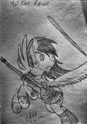Size: 658x937 | Tagged: safe, artist:biergarten13, oc, oc only, oc:raine, pegasus, pony, fallout equestria, fallout equestria: ghosts of the past, boots, flak, grenade launcher, gun, machine gun, sergeant, shoes, skyguard, solo, weapon